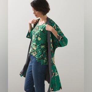 Chico's Damask Print Drama Kimono Floral Green Cardigan Size L/XL